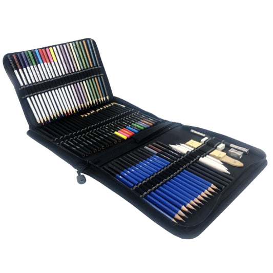 Open pencil case with assorted colored sketch pencils and lead holders