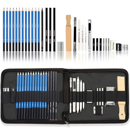 KALOUR 33 in 1 Sketch Pencil Set Beginner Brush Art Supplies, 33 in 1