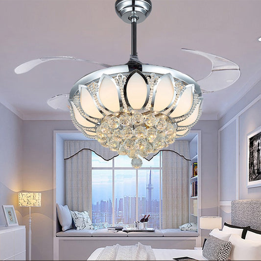 Silver ceiling fan chandelier with crystal light bowl and clear fan blades