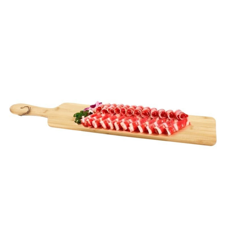 Rectangular wooden hot pot serving tray with handle, holding sliced meat