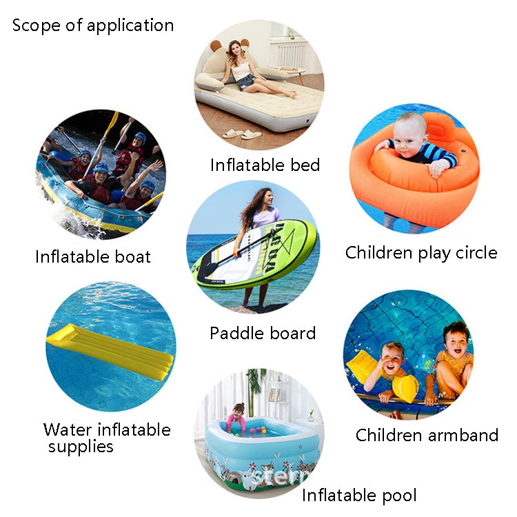 Inflatable inflator for car, bed, boat, paddle board, pool, and children play circles.