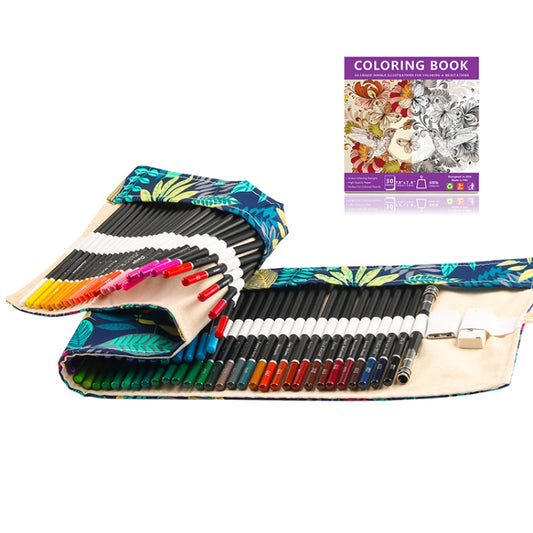 72-color colored pencil set in a fold-open roll case with patterned fabric design