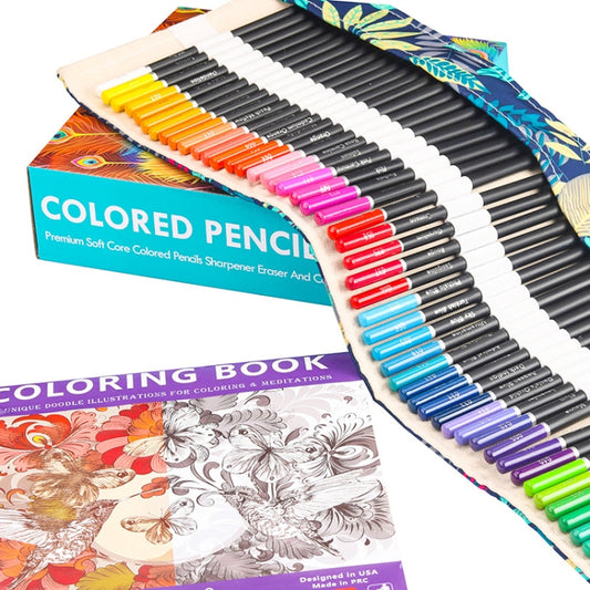 72 colored pencils neatly arranged in a patterned pencil roll with coloring book pages