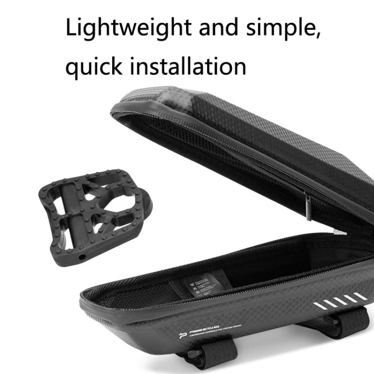 Black bicycle lock pedals with textured traction, shown beside a slim zip case