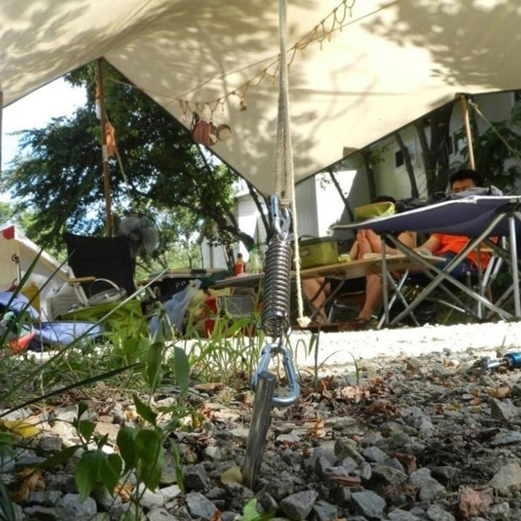 Tent guyline spring buckle with coiled metal tensioner and attached rope
