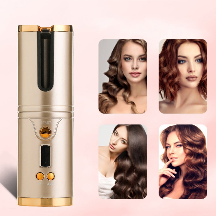 Gold wireless automatic curling rod with U-shaped opening and buttons, shown with styled curls