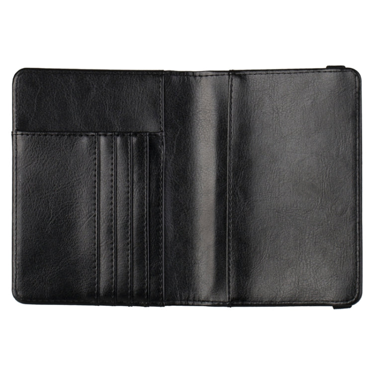 Black passport holder interior with multiple card slots and fabric lining panels