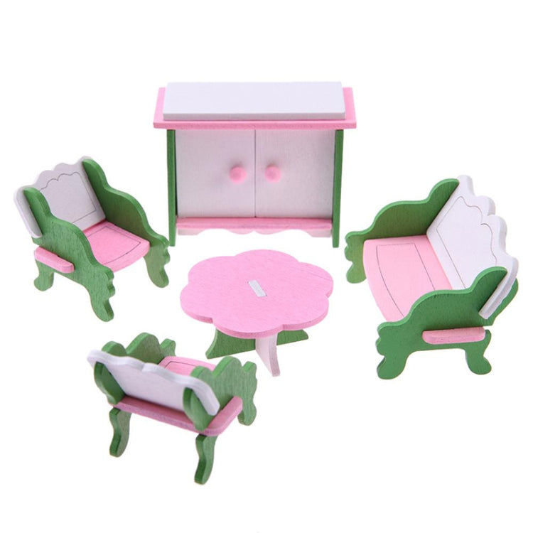 Mini wooden dollhouse furniture set with pink cabinet, round table and four green chairs