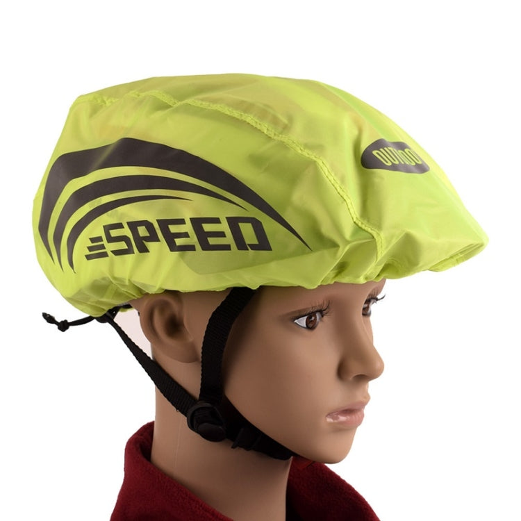 Fluorescent green helmet rain cover with SPEED print and black adjustable straps