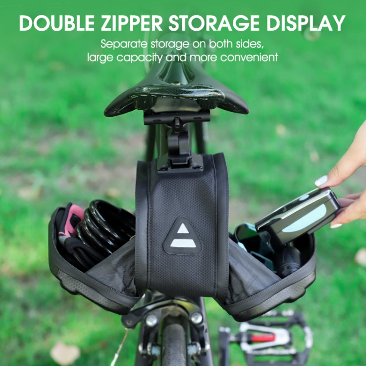 Black bicycle tail bag with double zippers open on both sides for quick access.