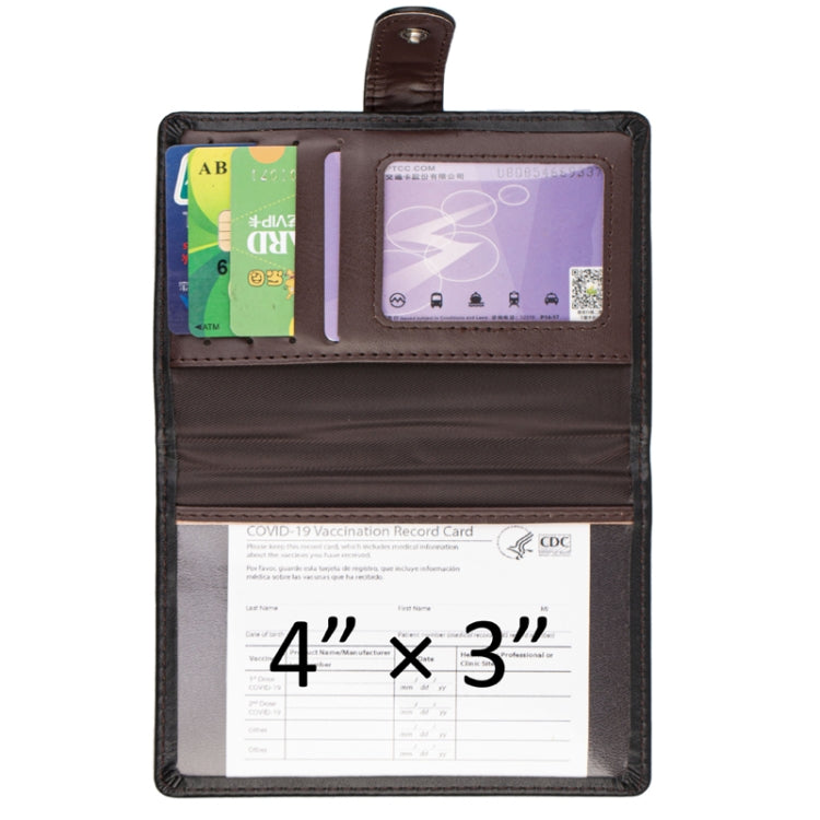 Brown PU passport card holder open with card slots and document pocket