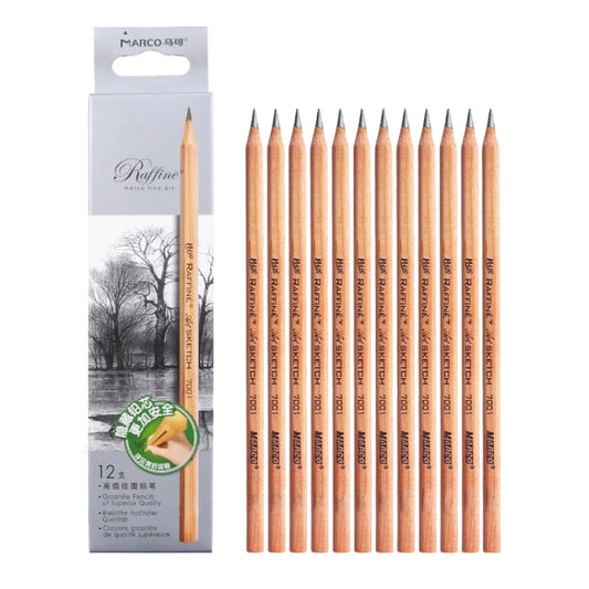 12-pack wooden sketch pencils with assorted lead grades, box at left and pencils standing