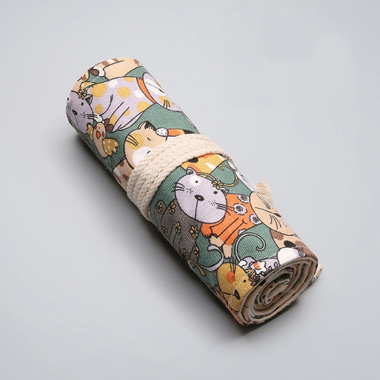 Rolled cat canvas pencil storage pouch with cream cord tie and cartoon animals