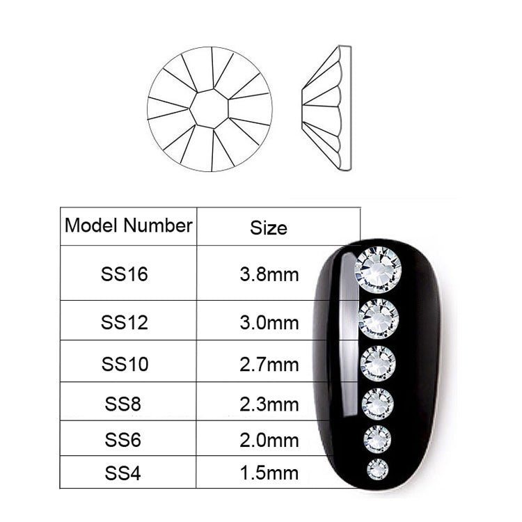 Flat-back AB crystal size chart SS4–SS16 with round gem sample strip