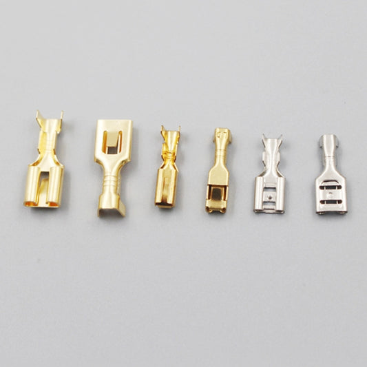 Mixed gold and silver open-barrel crimp terminals, spade connector types