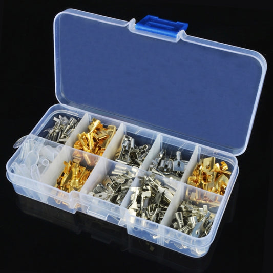 Wire crimp spade connectors set in blue-lidded clear storage box, mixed gold and silver