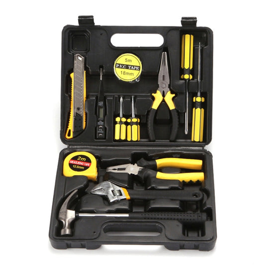 13-in-1 car repair tool set in black case, yellow-handled tools and measuring tapes