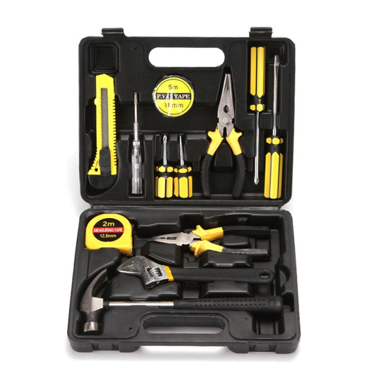 13-in-1 tool set in black case, measuring tape, screwdrivers, pliers, and cutters