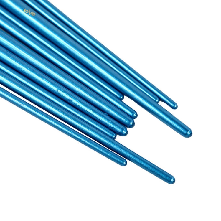 Blue watercolor paint brush set with gold bands, angled close view of handles