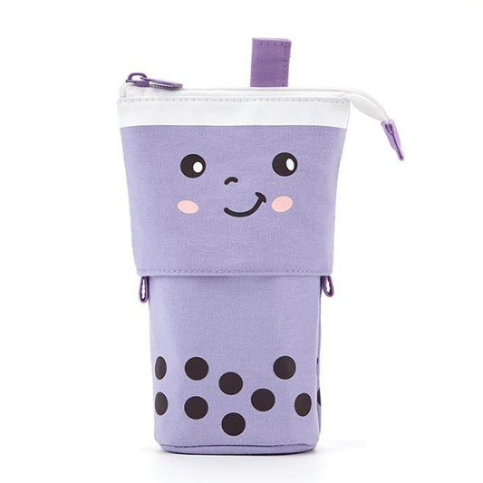 Purple canvas pen holder pouch with cute face and zipper closure, small hanging loop.