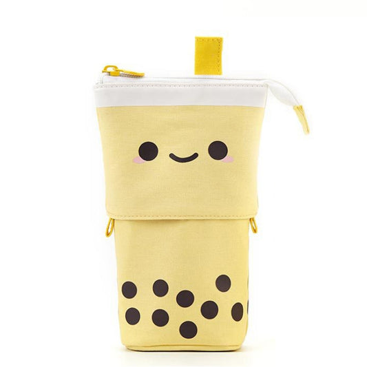 Yellow canvas pen holder pouch with cute face graphic and zipper closure, top loop.