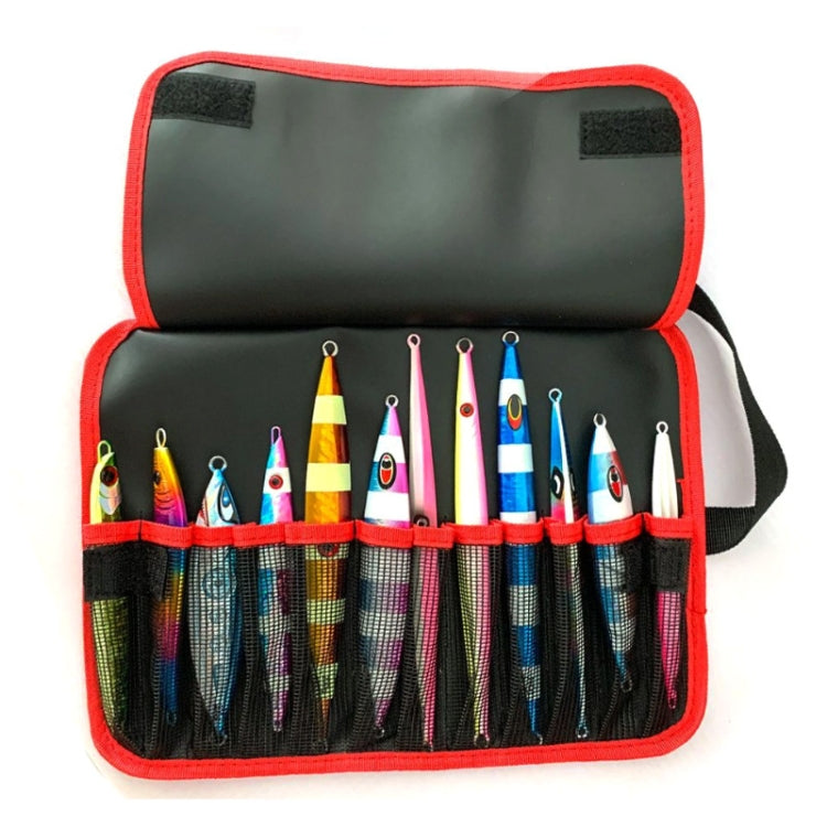 Open foldable fishing lure storage bag with multiple elastic pockets and red trim.