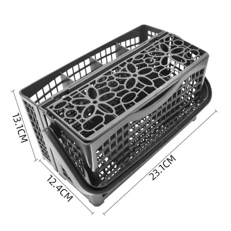 Dishwasher cutlery basket with long grid tray insert, black plastic, open design