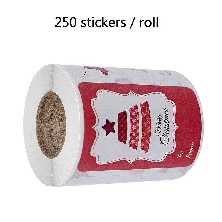 Christmas gift label sticker roll with red-and-white “Merry Christmas” tree card design