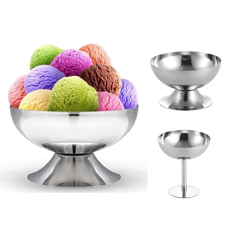 Set of stainless steel ice cream cups: filled bowl with scoops and two empty goblets.