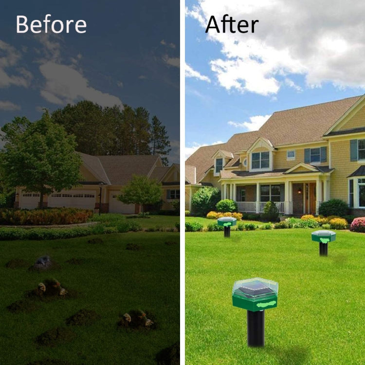 Multiple green hexagonal solar animal repeller stakes on a front lawn