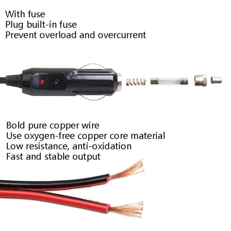 Car power cord close-up with built-in fuse and bare copper wire leads