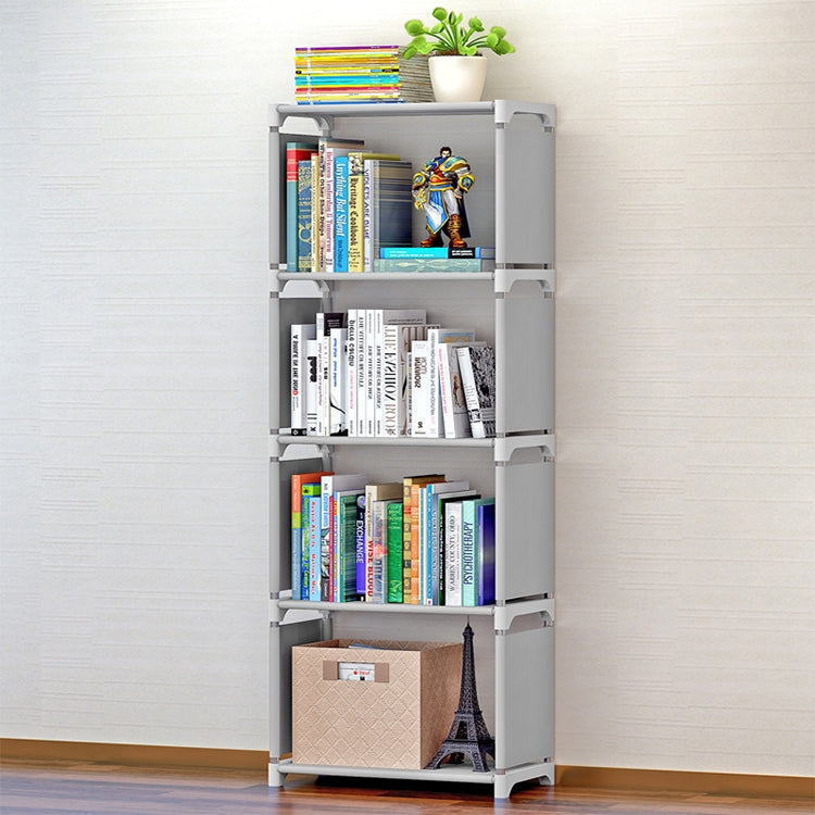 Children's bookshelf storage rack, light gray frame with patterned side panels, four tiers