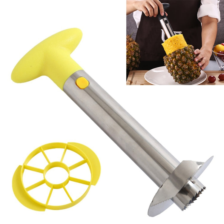 Pineapple corer and slicer tool set with yellow handle, blade, and yellow ring