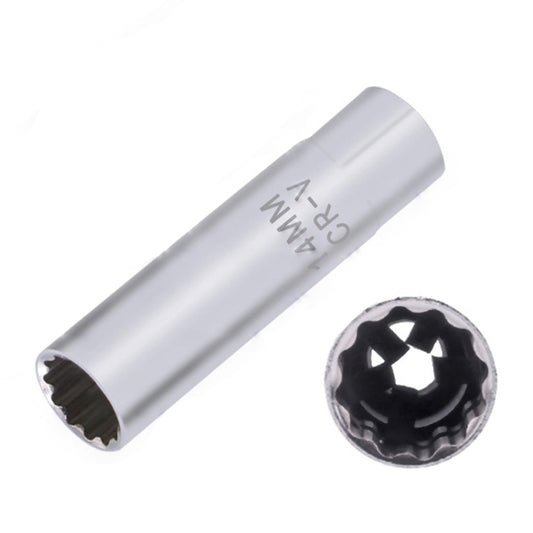 Silver 12-point spark plug sleeve socket wrench tool with dark inner drive