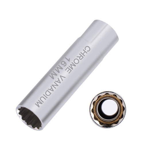 Chrome 12-point spark plug socket wrench sleeve with black interior drive