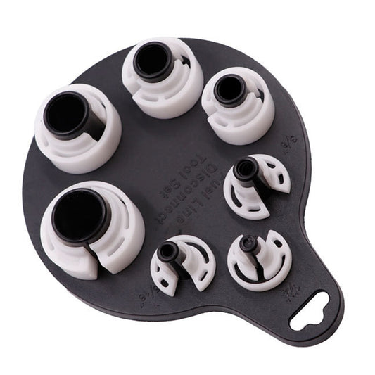 Car A/C repair tool set, black base with white adapters and multiple socket tips