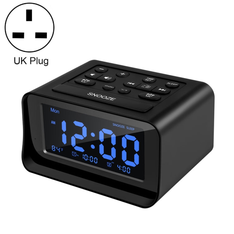 Black LED digital alarm clock with blue display and snooze buttons, UK plug