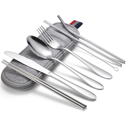 7 in 1 Cutlery Spoon Chopsticks And Straw Set Stainless Steel Portable Cutlery Set, Silver + Light Bag, Gold+ Light Bag, Rose+ Light Bag, Symphony + Light Bag, Black+ Light Bag, Silver + Deep Bag, Gold + Deep Bag, Rose + Deep Bag, Symphony + Deep Bag...