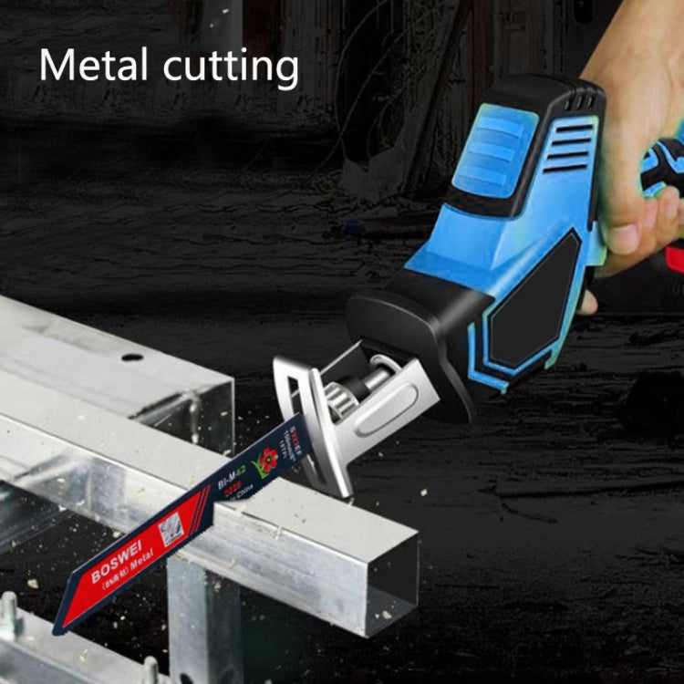 BOSWEI fine-tooth reciprocating saw blade cutting metal, red-and-blue blade