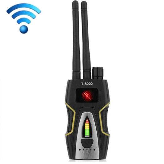 Wireless signal detector handheld with two antennas, LED bar display and red indicator