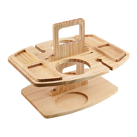 Light wood camping wine table with handle and round glass stem cutouts