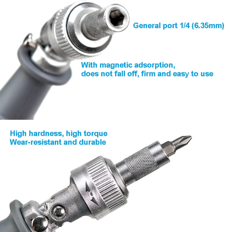 Close-up of magnetic 6.35mm bit holder with two compatible screwdriver bits