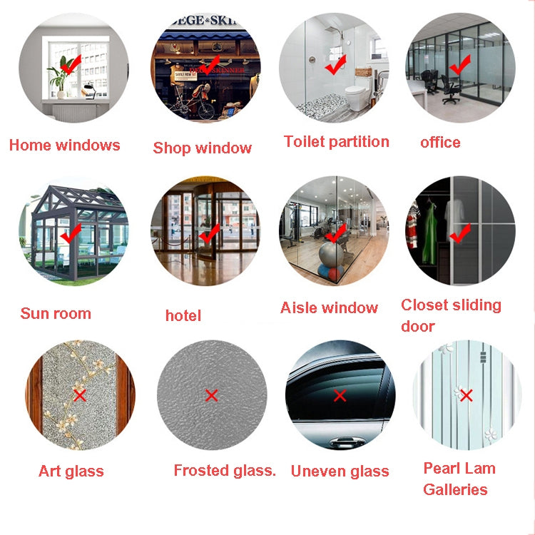 Window sticker set shown for home, shop, office, and aisle window locations