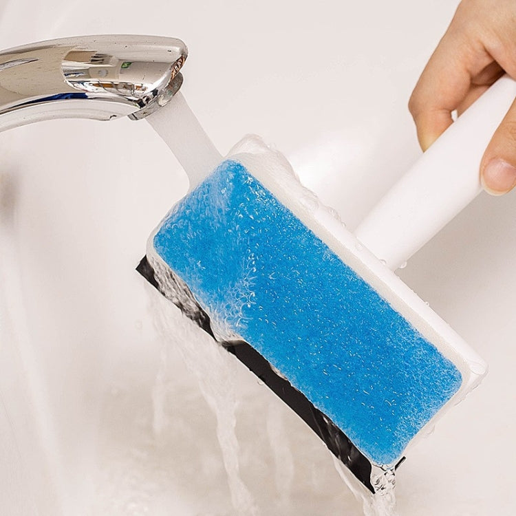 Window cleaning wiper with blue scrub sponge and black rubber edge removing water from glass