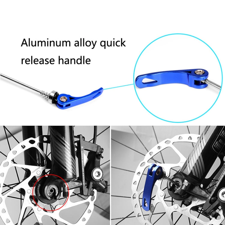 Blue aluminum mountain bike hub quick-release handle with long skewer on wheel