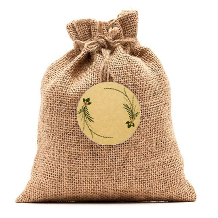 Jute burlap pouch with kraft paper round floral wreath sticker label