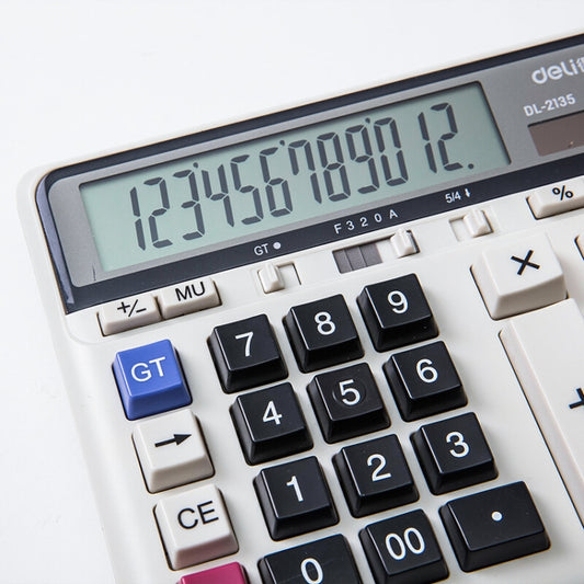 Close-up of calculator LCD and large number buttons with white and blue keys