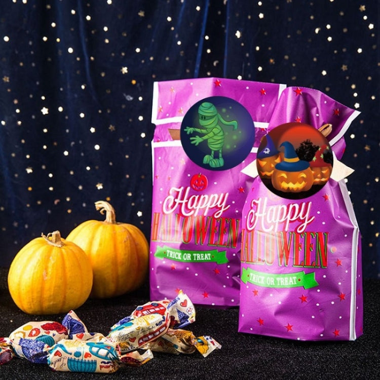 Happy Halloween sticker seals on candy bag with pumpkins and witch hat graphics