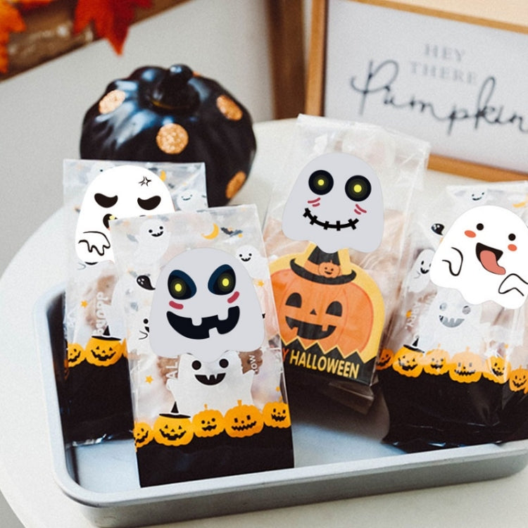 Halloween ghost emoticon stickers used on treat bags, featuring smiling ghost faces