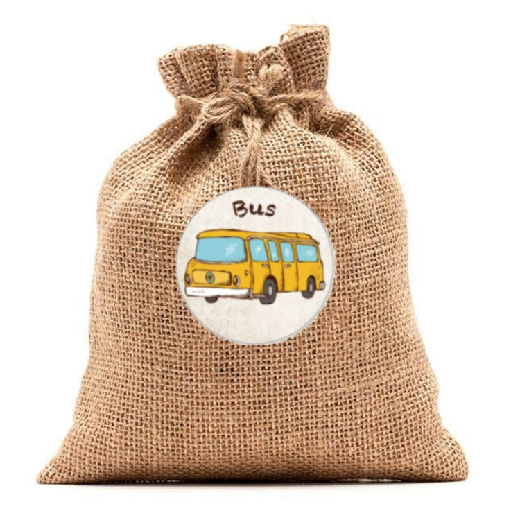 Burlap drawstring bag with a circular bus cartoon sticker label